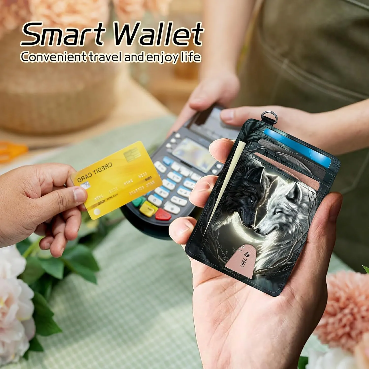 Small Travel Wallets, White Black Wolf Slim Minimalist Front Pocket Wallet with Wristlet, RFID Blocking PU Leather Credit Card Holder with ID Window Change Purse for Men Women