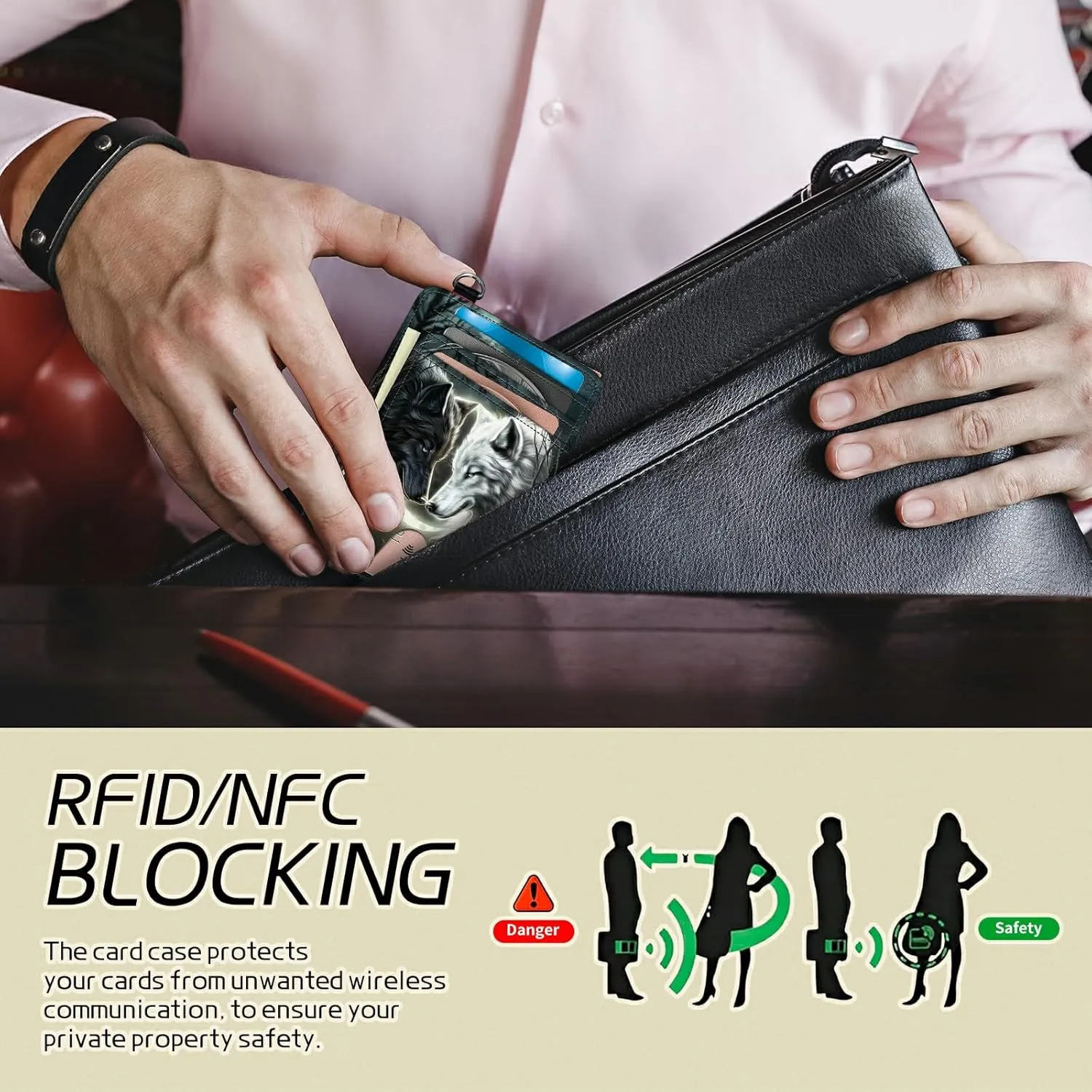 Small Travel Wallets, White Black Wolf Slim Minimalist Front Pocket Wallet with Wristlet, RFID Blocking PU Leather Credit Card Holder with ID Window Change Purse for Men Women