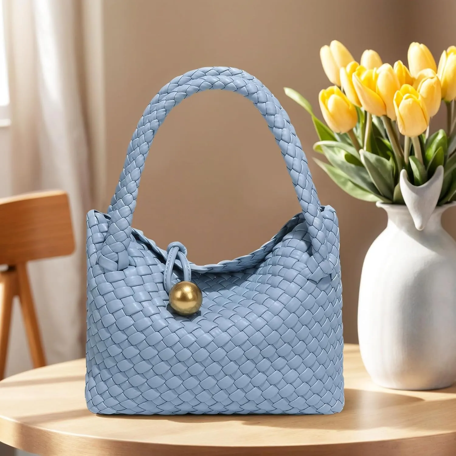 Small Woven Handbag Vegan Leather Top Luxurious Soft Shoulder Crossbody Bag Purse for Women