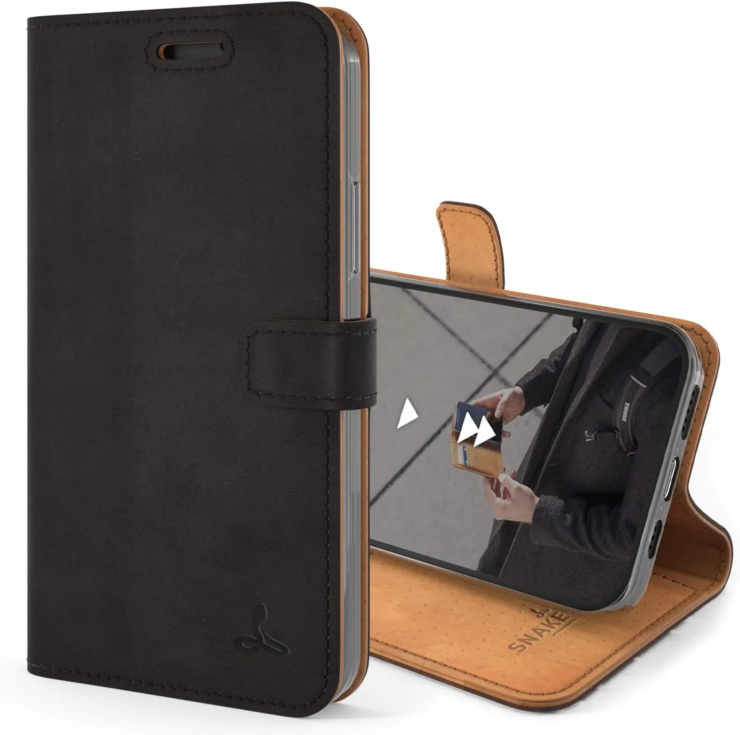 Snakehive iPhone 12 Vintage Wallet || Genuine Leather Wallet Phone Case || Real Leather with Viewing Stand & 3 Card Holder || Flip Folio Cover with Card Slot (Black)