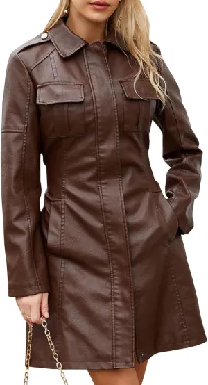 SOMTHRON Women's Mid Length Faux PU Leather Trench Coat Long Sleeve Zip Up Lapel Long Jacket Overcoat with Belt