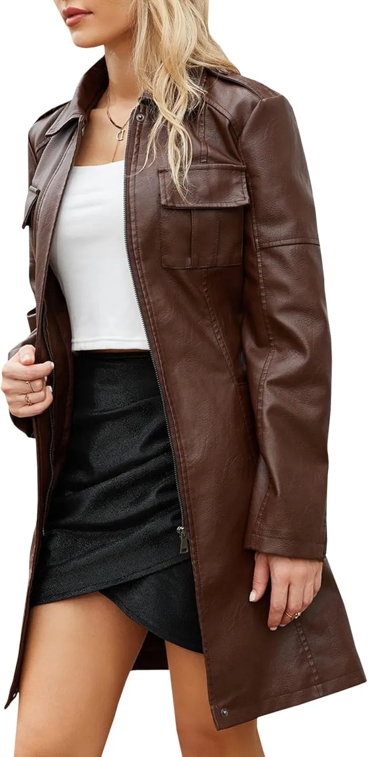 SOMTHRON Women's Mid Length Faux PU Leather Trench Coat Long Sleeve Zip Up Lapel Long Jacket Overcoat with Belt