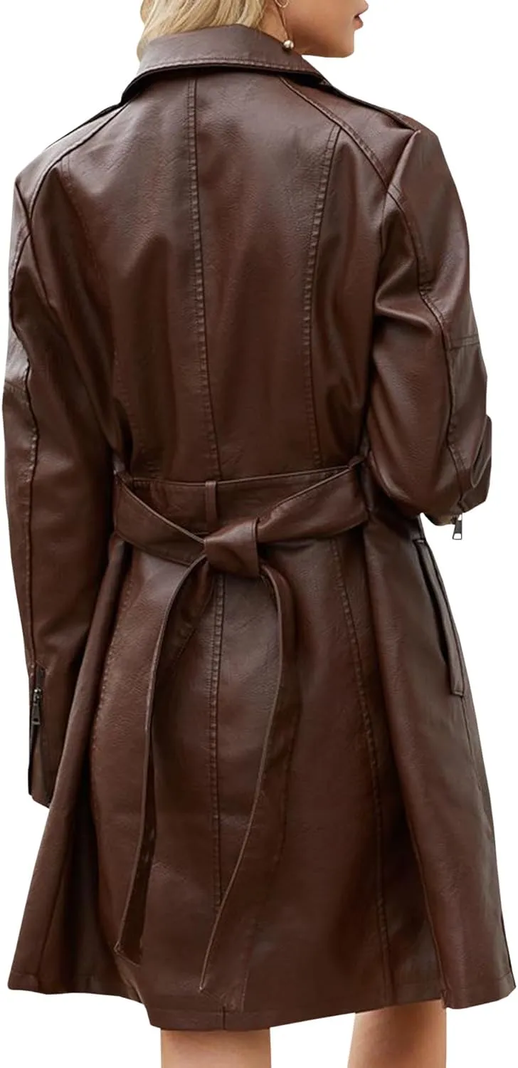 SOMTHRON Women's Mid Length Faux PU Leather Trench Coat Long Sleeve Zip Up Lapel Long Jacket Overcoat with Belt