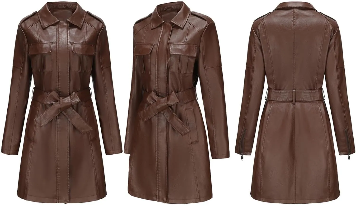 SOMTHRON Women's Mid Length Faux PU Leather Trench Coat Long Sleeve Zip Up Lapel Long Jacket Overcoat with Belt