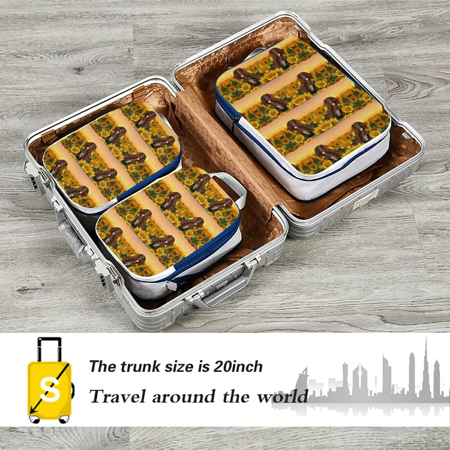 Spaniel at Yellow Sunflowers Field against Sundown Sunset Light 3 Piece set Cubes Expandable Adjustable Luggage Packing Bags, Ultralight Organizer Accessories Travel Suitcase Compressible Bags