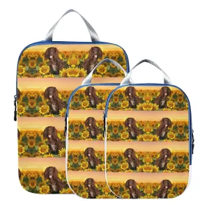 Spaniel at Yellow Sunflowers Field against Sundown Sunset Light 3 Piece set Cubes Expandable Adjustable Luggage Packing Bags, Ultralight Organizer Accessories Travel Suitcase Compressible Bags