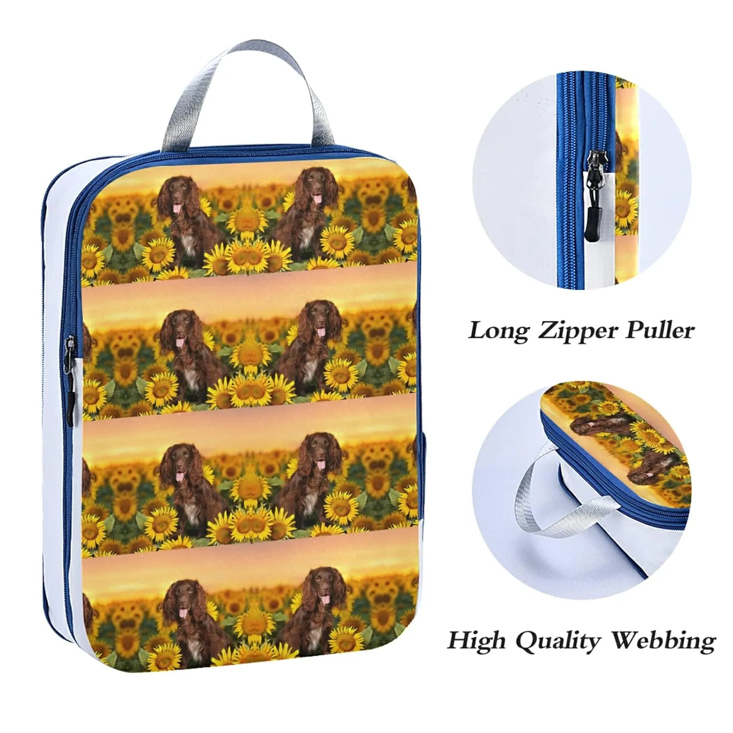Spaniel at Yellow Sunflowers Field against Sundown Sunset Light 3 Piece set Cubes Expandable Adjustable Luggage Packing Bags, Ultralight Organizer Accessories Travel Suitcase Compressible Bags