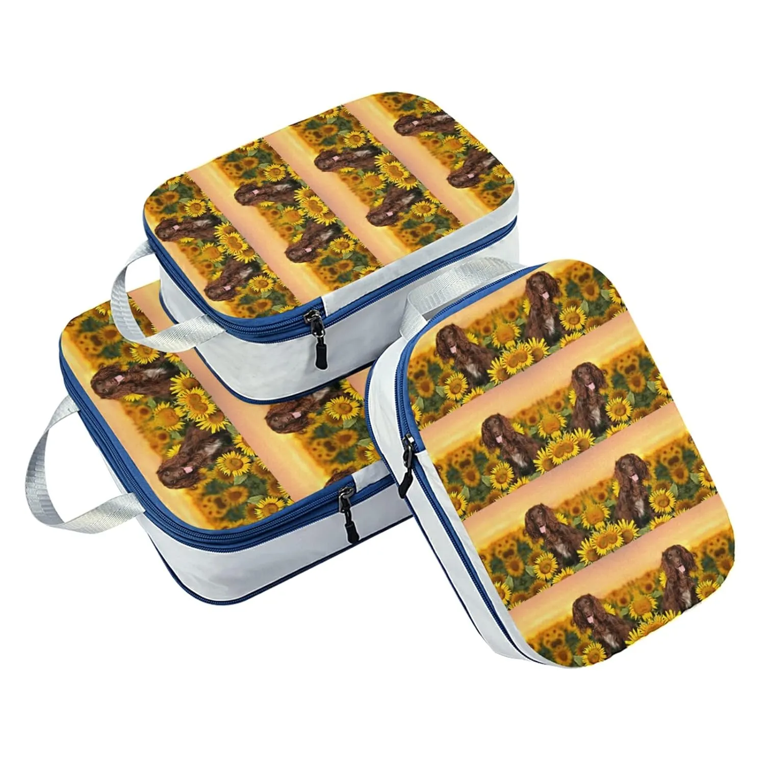 Spaniel at Yellow Sunflowers Field against Sundown Sunset Light 3 Piece set Cubes Expandable Adjustable Luggage Packing Bags, Ultralight Organizer Accessories Travel Suitcase Compressible Bags