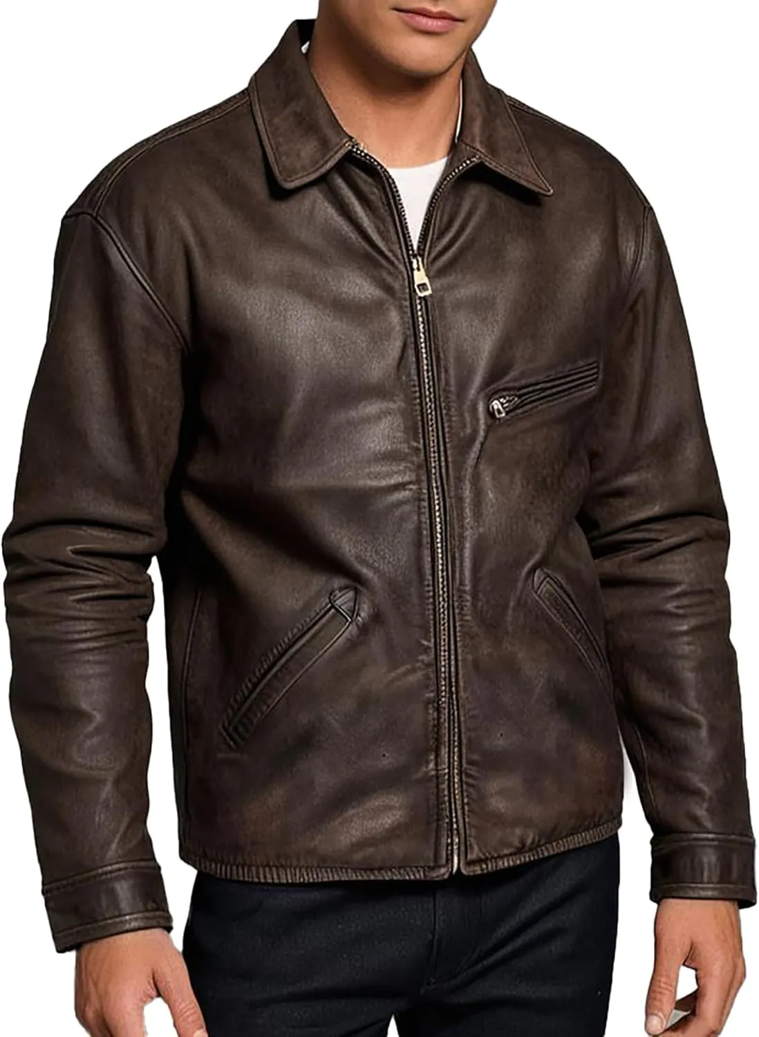 SpazeUp Men's Lambskin Leather Jacket - Distressed Brown Leather Motorcycle Jacket Men