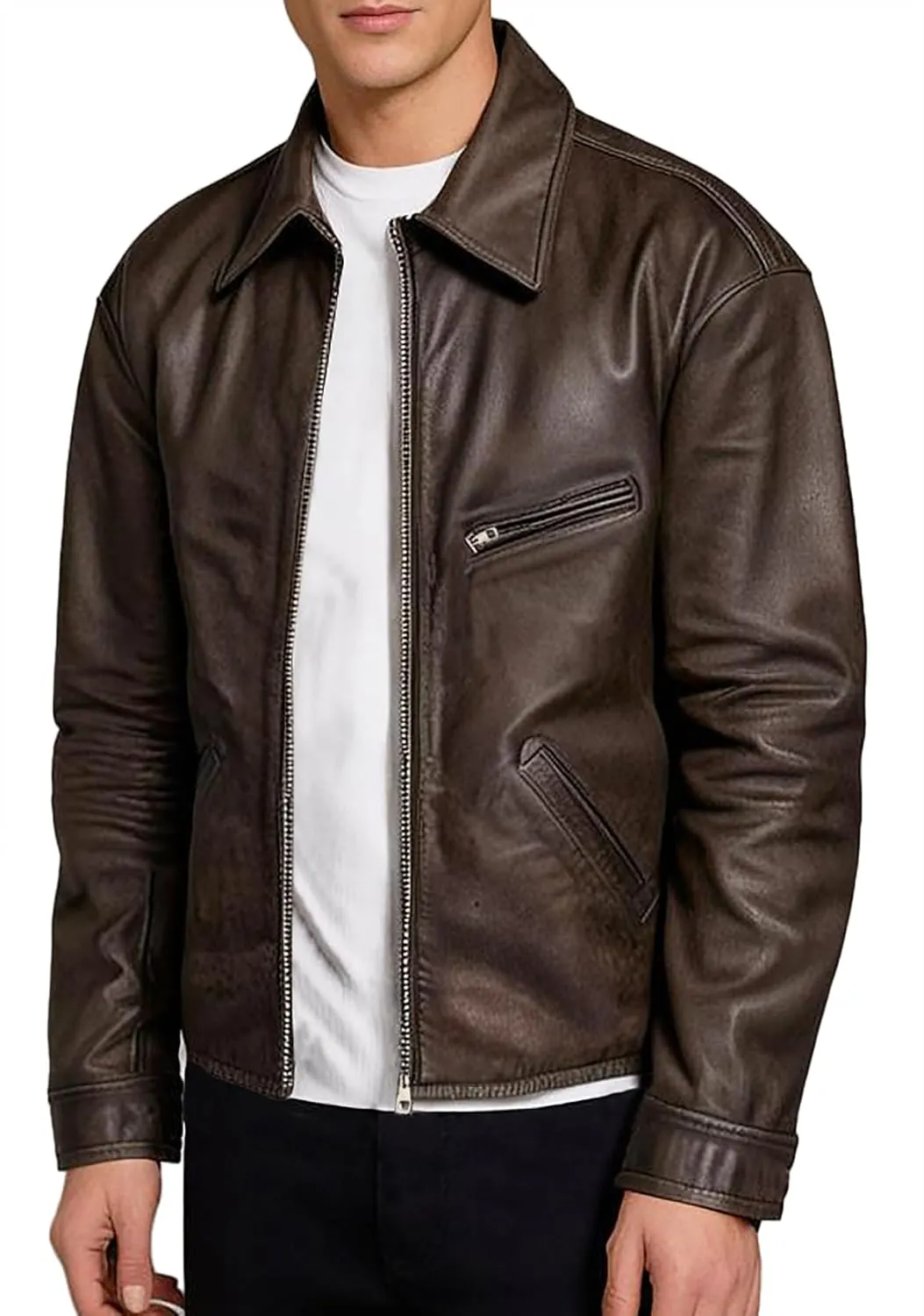 SpazeUp Men's Lambskin Leather Jacket - Distressed Brown Leather Motorcycle Jacket Men