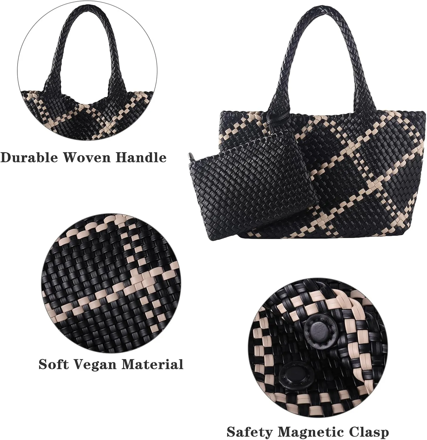 SporGenius Woven Tote Bag for Women, Vegan Leather Beach Bags with Small Purse, Large Travel Top Handle Handbags