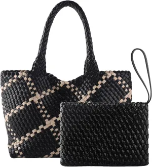 SporGenius Woven Tote Bag for Women, Vegan Leather Beach Bags with Small Purse, Large Travel Top Handle Handbags