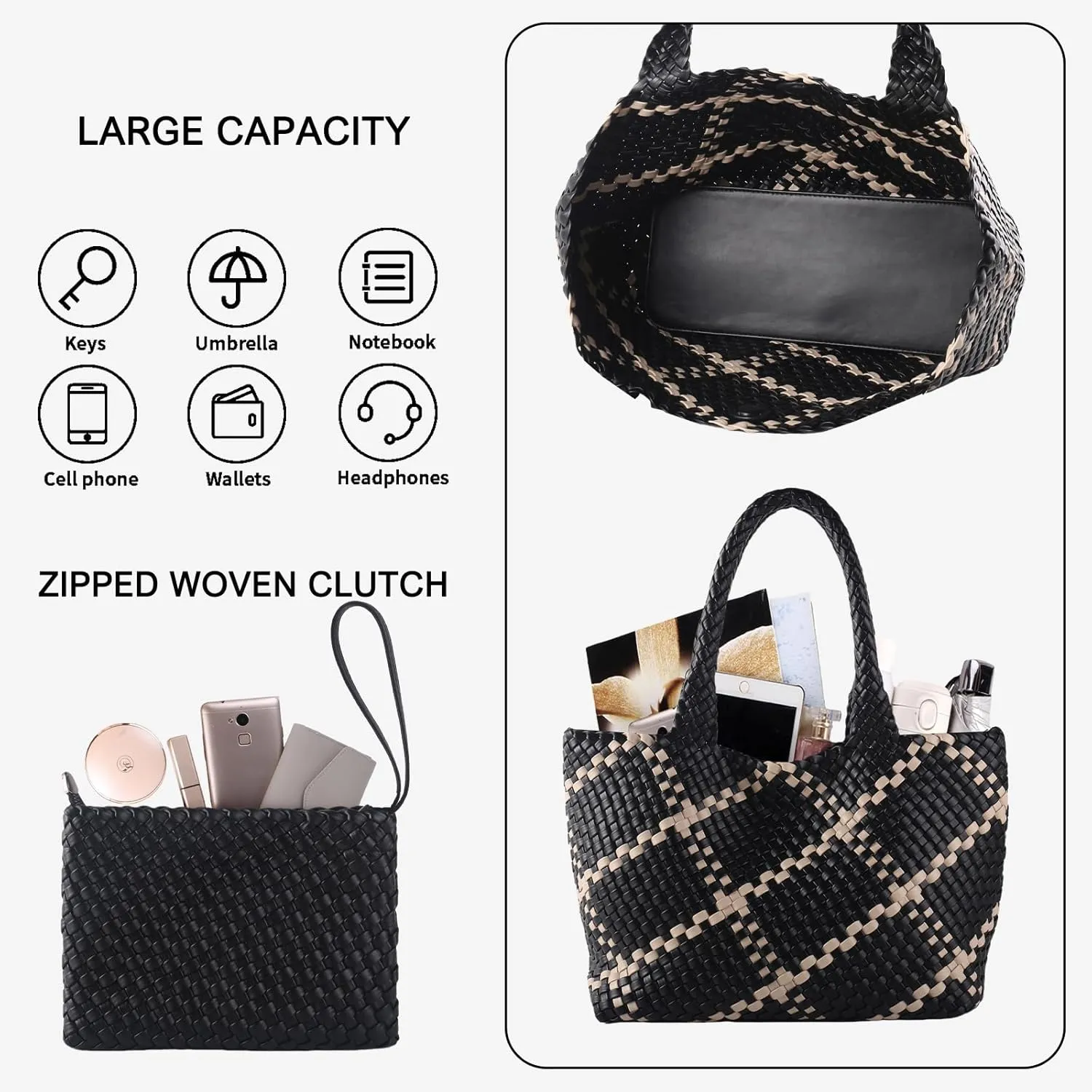 SporGenius Woven Tote Bag for Women, Vegan Leather Beach Bags with Small Purse, Large Travel Top Handle Handbags
