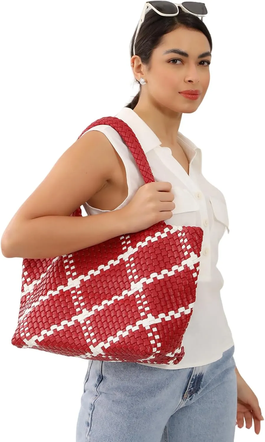 SporGenius Woven Tote Bag for Women, Vegan Leather Beach Bags with Small Purse, Large Travel Top Handle Handbags