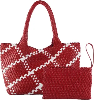 SporGenius Woven Tote Bag for Women, Vegan Leather Beach Bags with Small Purse, Large Travel Top Handle Handbags