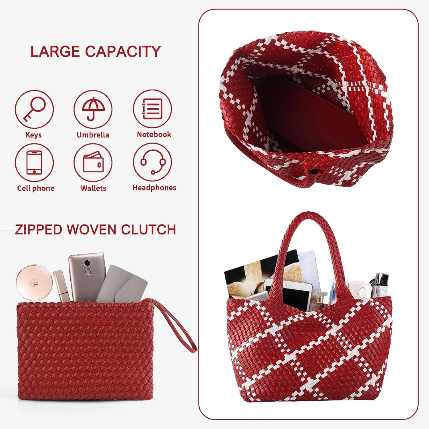 SporGenius Woven Tote Bag for Women, Vegan Leather Beach Bags with Small Purse, Large Travel Top Handle Handbags