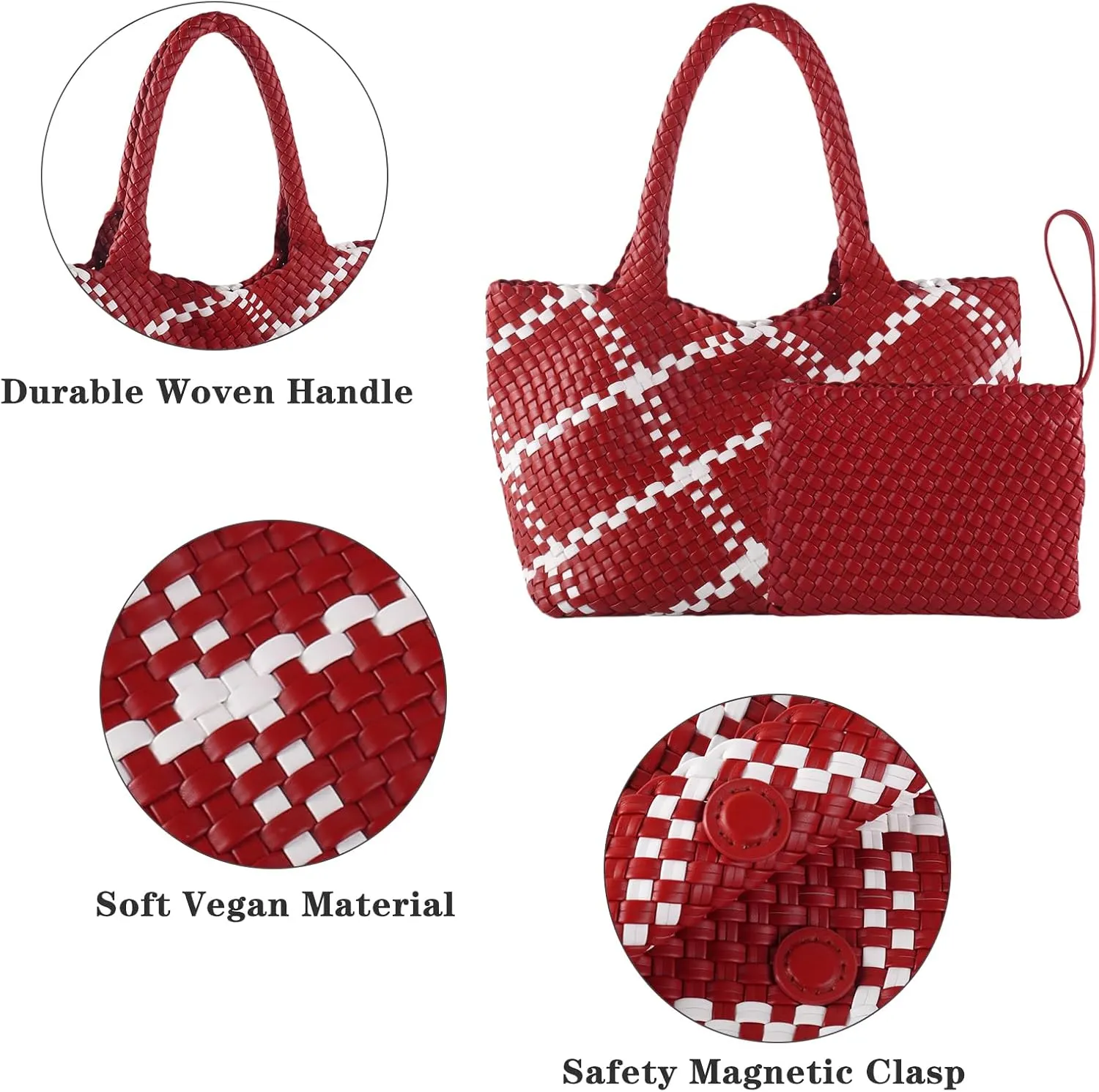 SporGenius Woven Tote Bag for Women, Vegan Leather Beach Bags with Small Purse, Large Travel Top Handle Handbags