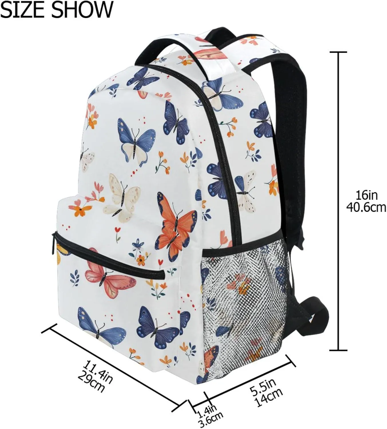 Sport Backpack for Men and Women Waterproof School Book Bag with Chest Strap for College Work Cartoon Cute Butterflies White