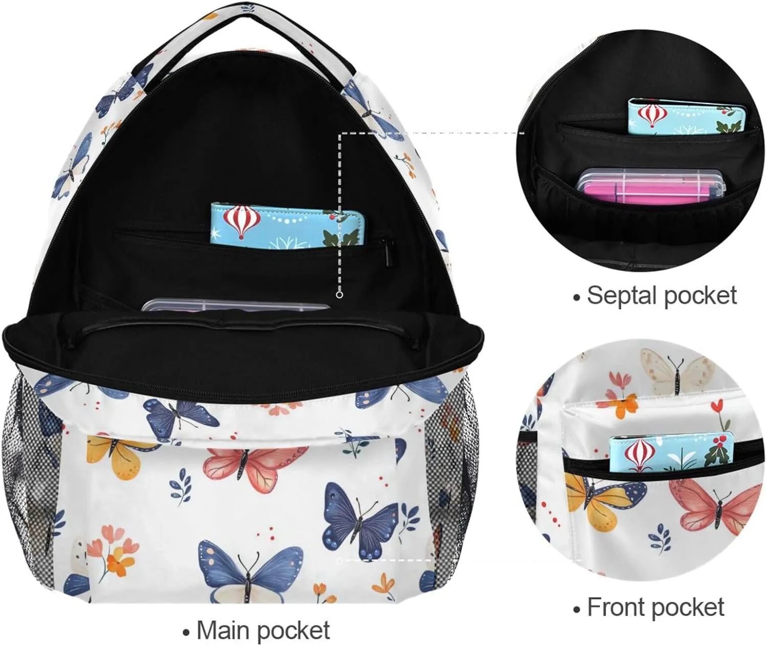 Sport Backpack for Men and Women Waterproof School Book Bag with Chest Strap for College Work Cartoon Cute Butterflies White
