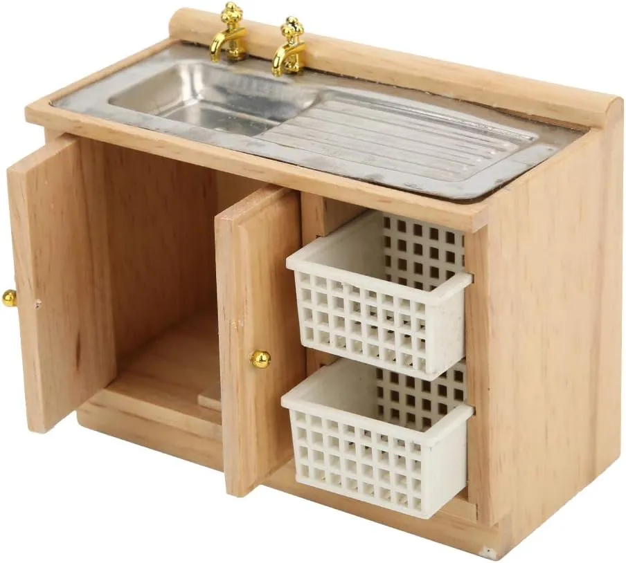 Srliya 1:12 Scale Realistic/Brown Miniature Furniture Dollhouse Kitchen Dish Washing Table with Baskets