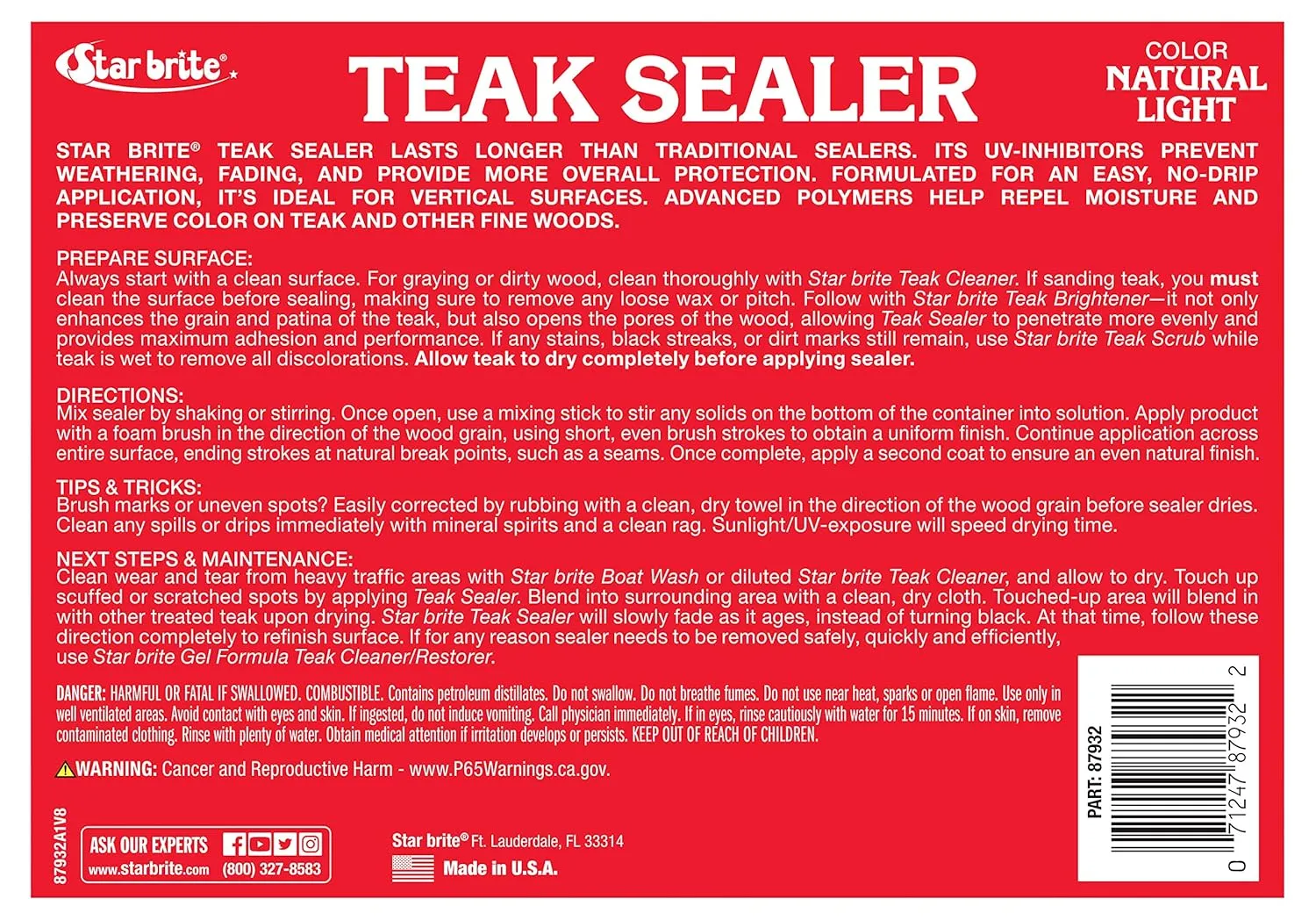 STAR BRITE Teak Sealer - No Drip, No Splash Formula - One-Coat, Durable Protection for All Fine Woods - Perfect for Outdoor Furniture & Marine Use - Natural Light 32 OZ (087932)