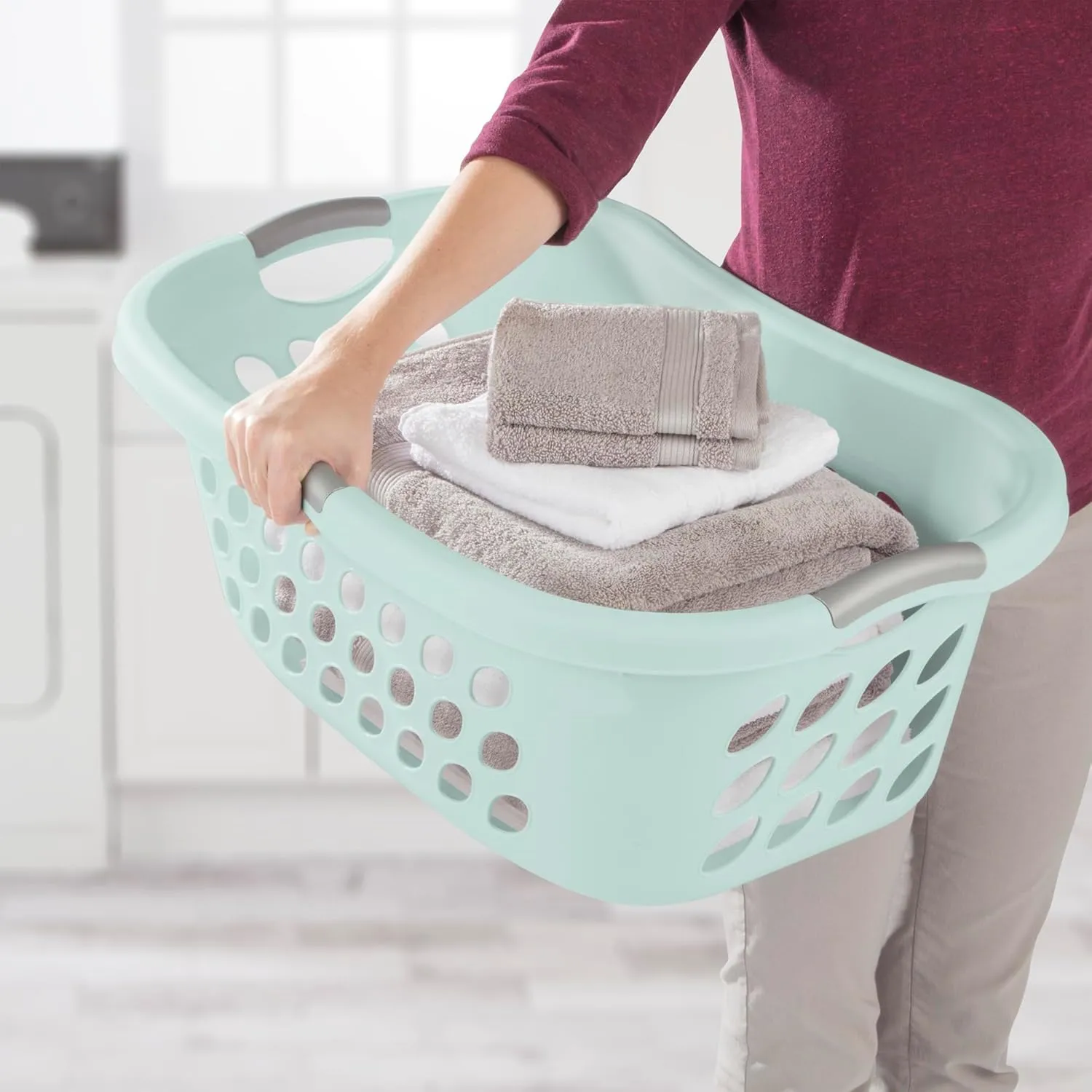 Sterilite 6 Pack Plastic Laundry Baskets, 1.25 Bushels Clothes Hamper with Contour Rim and Handles, Ultra HipHold, Mindful Mint