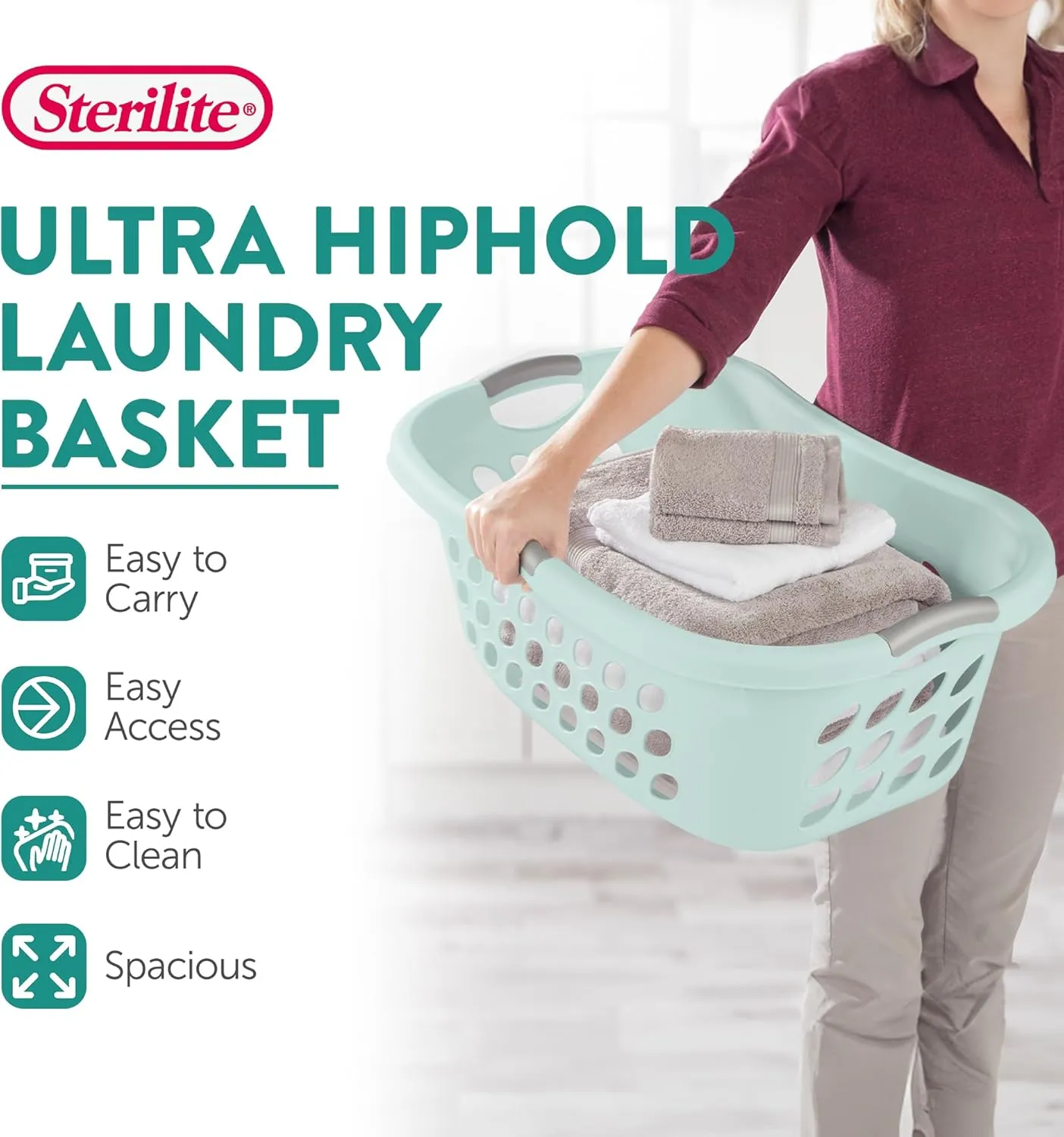Sterilite 6 Pack Plastic Laundry Baskets, 1.25 Bushels Clothes Hamper with Contour Rim and Handles, Ultra HipHold, Mindful Mint