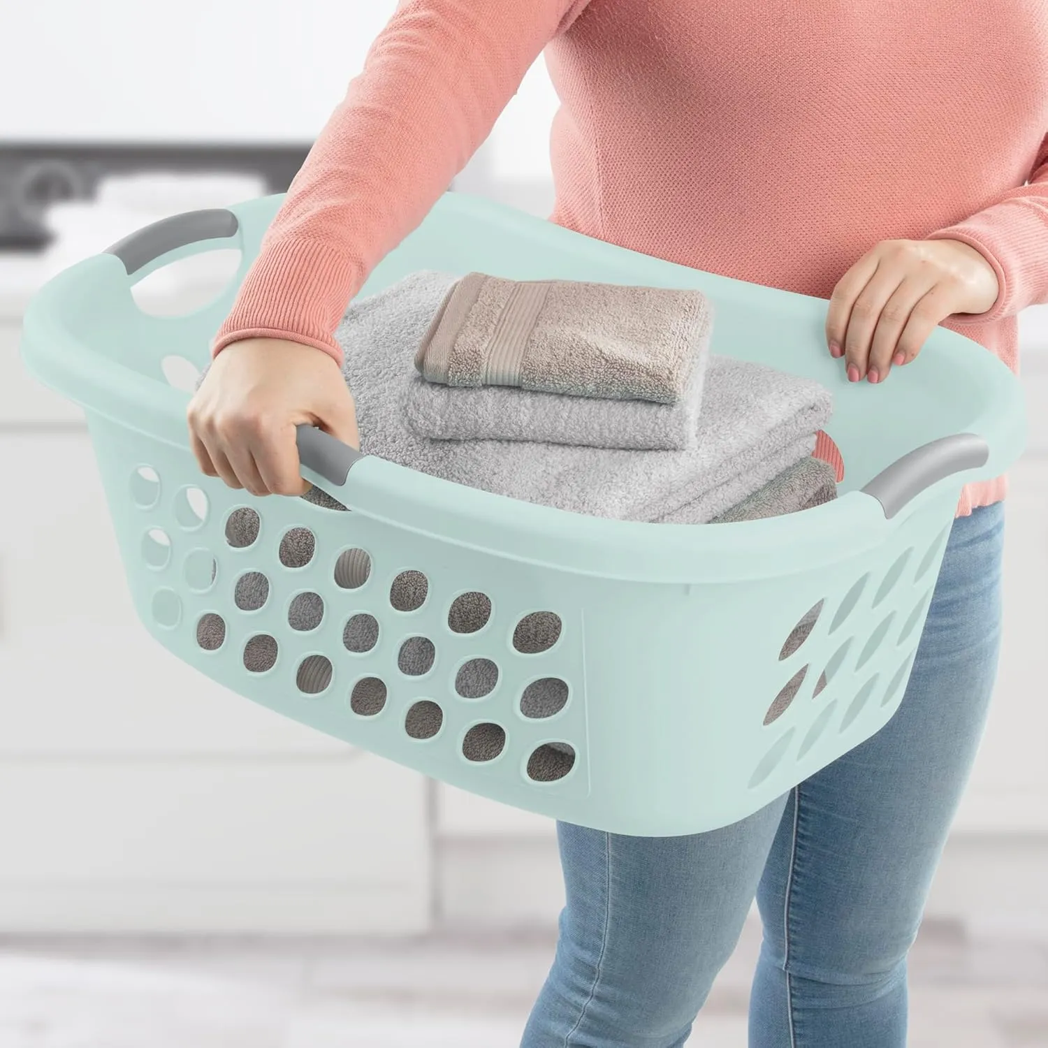 Sterilite 6 Pack Plastic Laundry Baskets, 1.25 Bushels Clothes Hamper with Contour Rim and Handles, Ultra HipHold, Mindful Mint