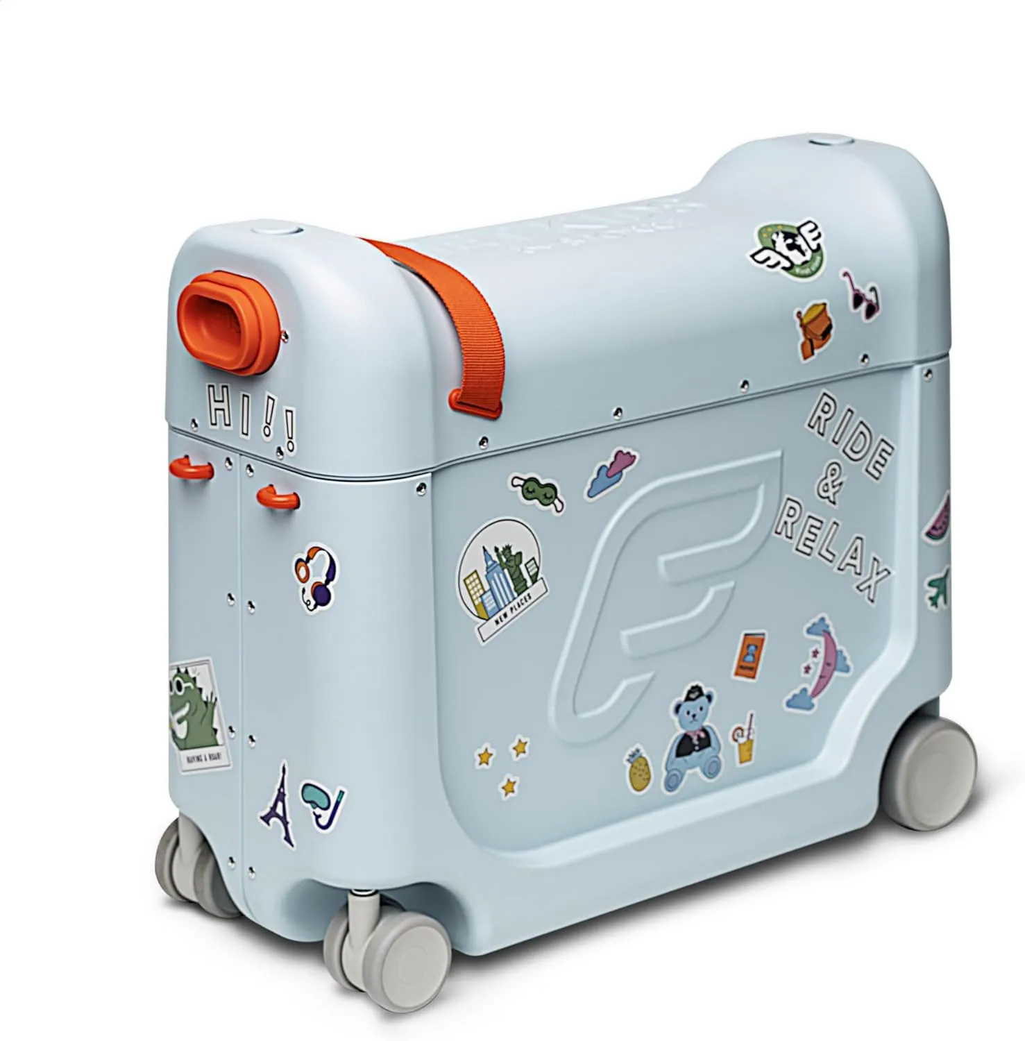 Stokke JetKids BedBox, Blue Sky - Ride-On Suitcase for Kids 2-7 Years Old (up to 77 lbs) - Transforms Into Bed - Includes Mattress, Decorative Stickers & Adjustable Carrying Strap