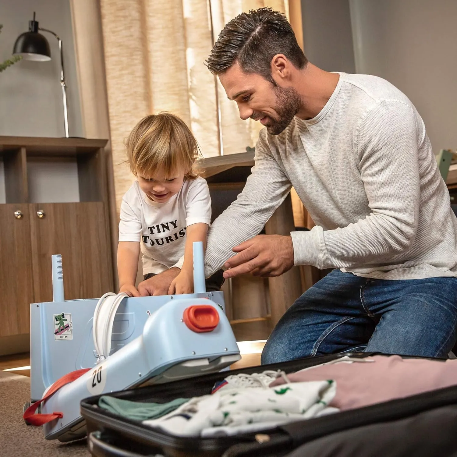 Stokke JetKids BedBox, Full Moon - Ride-On Suitcase for Kids 2-7 Years Old (up to 77 lbs) - Transforms Into Bed - Includes Mattress, Decorative Stickers & Adjustable Carrying Strap