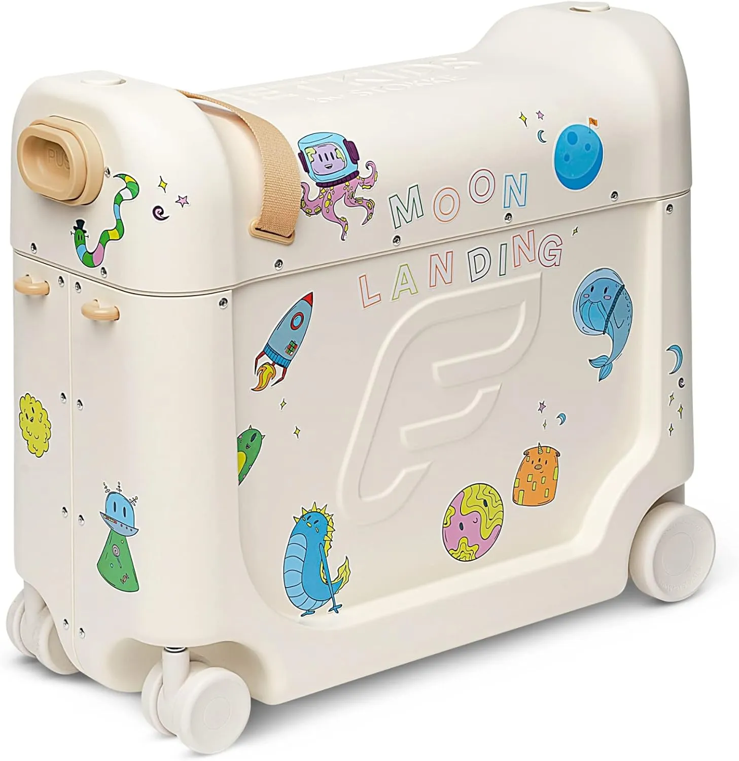 Stokke JetKids BedBox, Full Moon - Ride-On Suitcase for Kids 2-7 Years Old (up to 77 lbs) - Transforms Into Bed - Includes Mattress, Decorative Stickers & Adjustable Carrying Strap