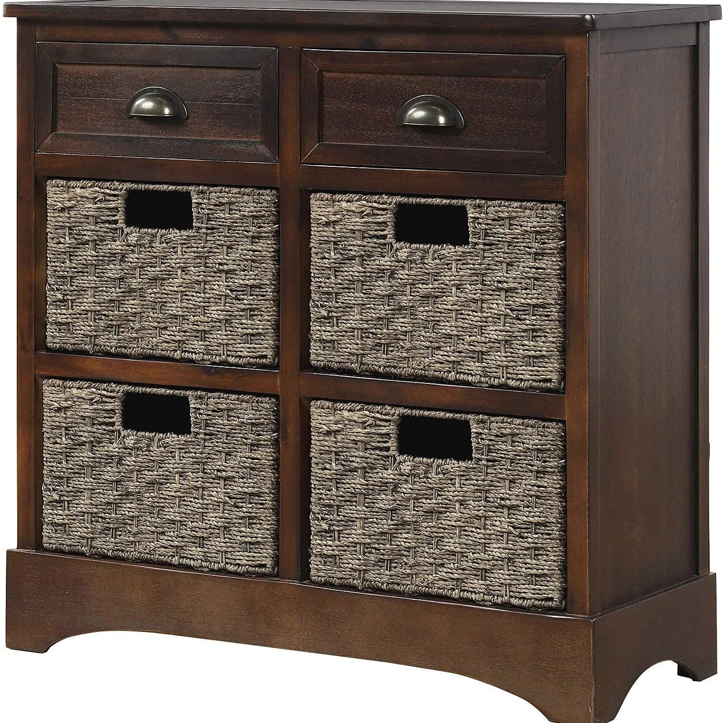 Storage Cabinet with 2 Drawers and 4 Rattan Baskets