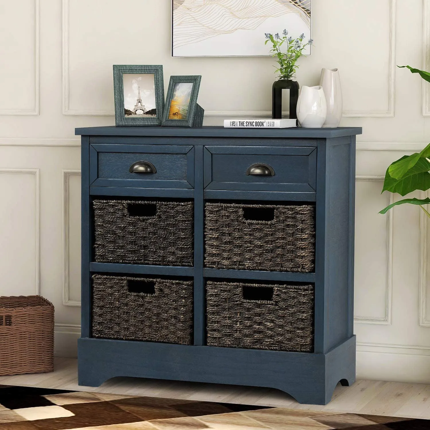 Storage Cabinet with 2 Drawers and 4 Rattan Baskets