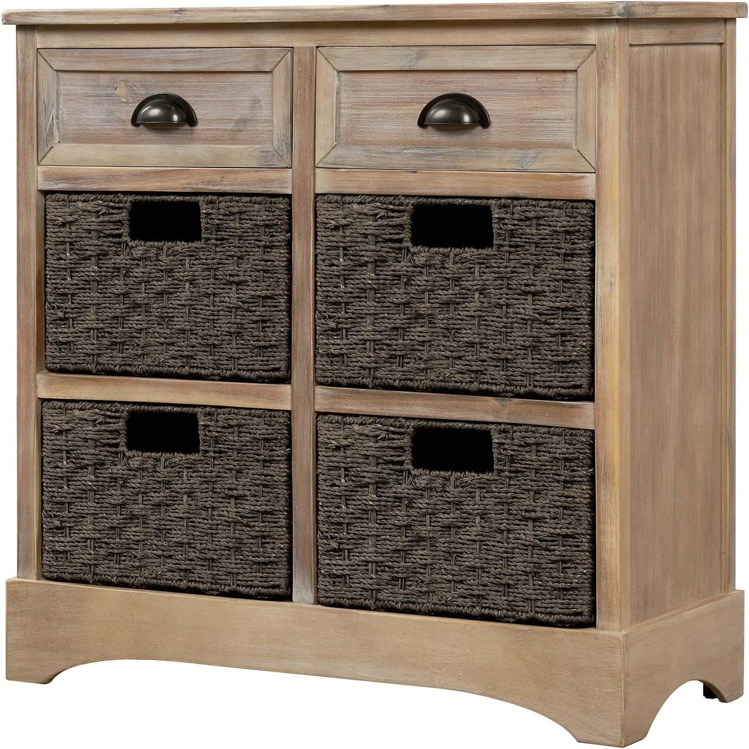Storage Cabinet with 2 Drawers and 4 Rattan Baskets