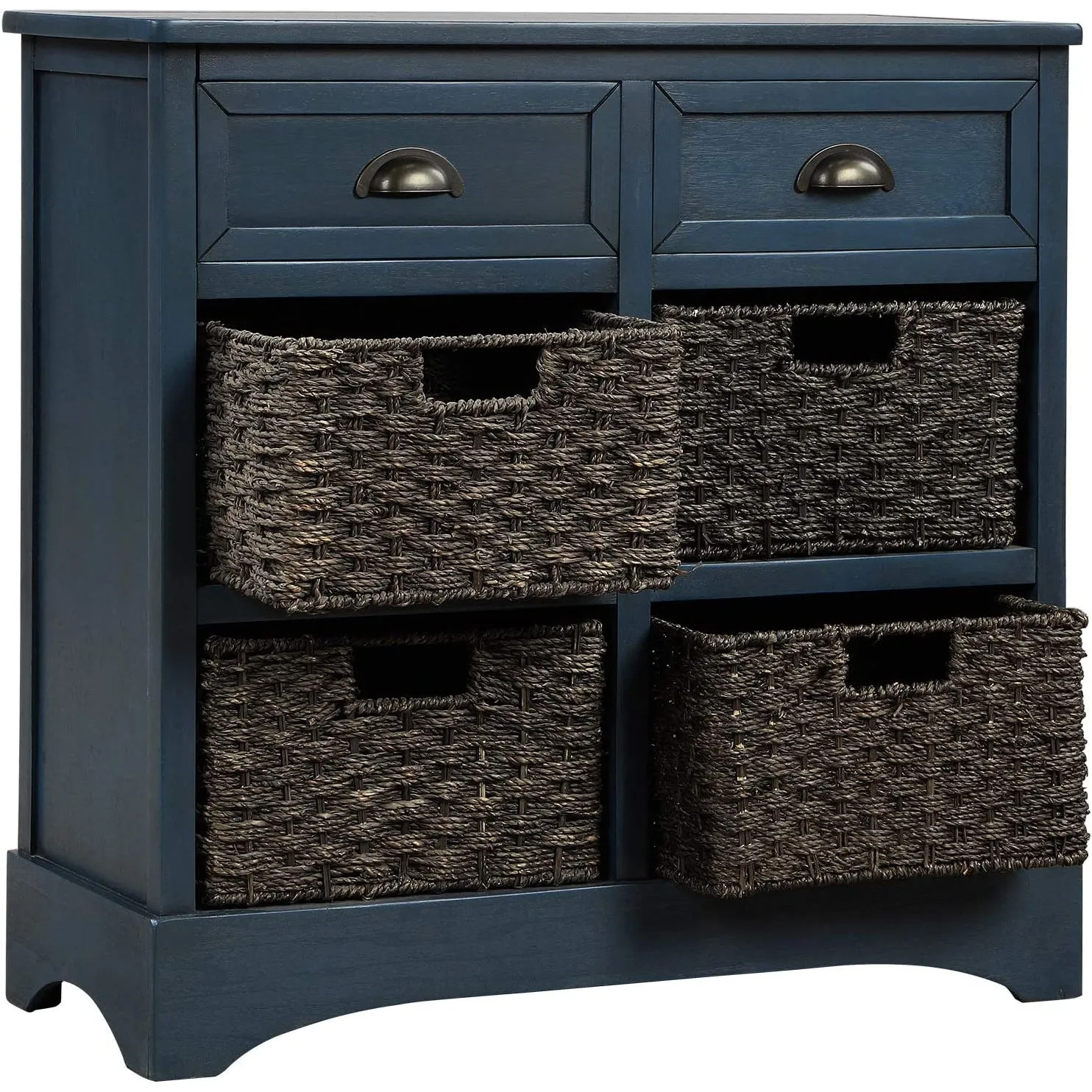 Storage Cabinet with 2 Drawers and 4 Rattan Baskets