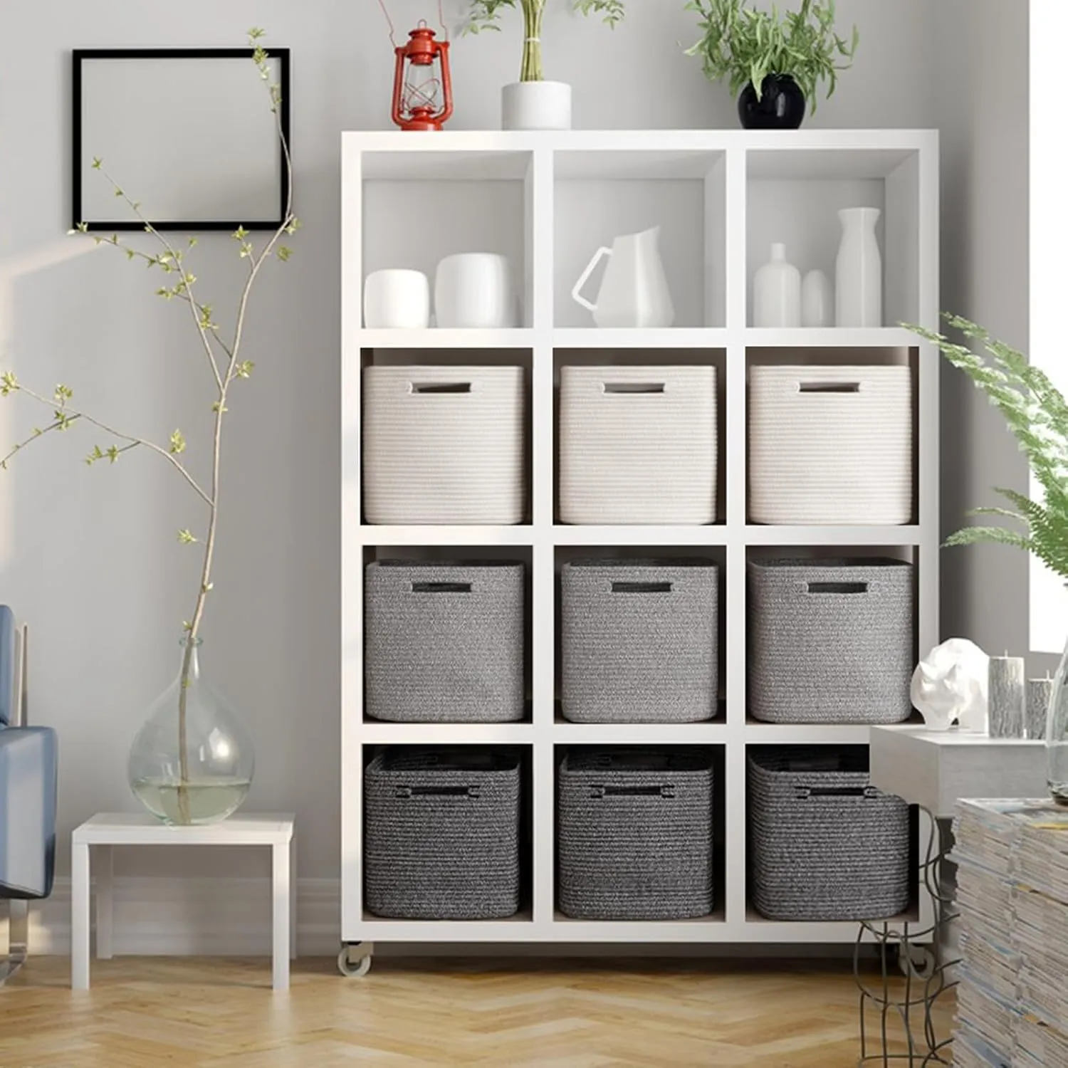 Storage Cube 3 Pack, Woven Rope Storage Baskets for Organizing, 11 * 11 Inches Shelf Basket|Cube Storage Bin|Square Baskets for Living Room, Baby Nursery Room-White