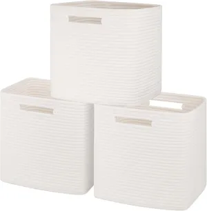 Storage Cube 3 Pack, Woven Rope Storage Baskets for Organizing, 11 * 11 Inches Shelf Basket|Cube Storage Bin|Square Baskets for Living Room, Baby Nursery Room-White