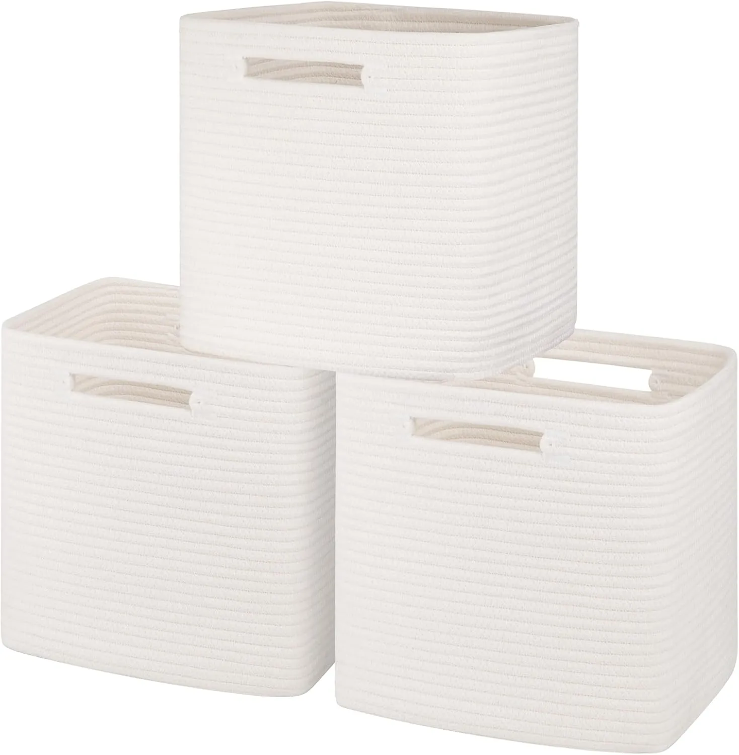 Storage Cube 3 Pack, Woven Rope Storage Baskets for Organizing, 11 * 11 Inches Shelf Basket|Cube Storage Bin|Square Baskets for Living Room, Baby Nursery Room-White