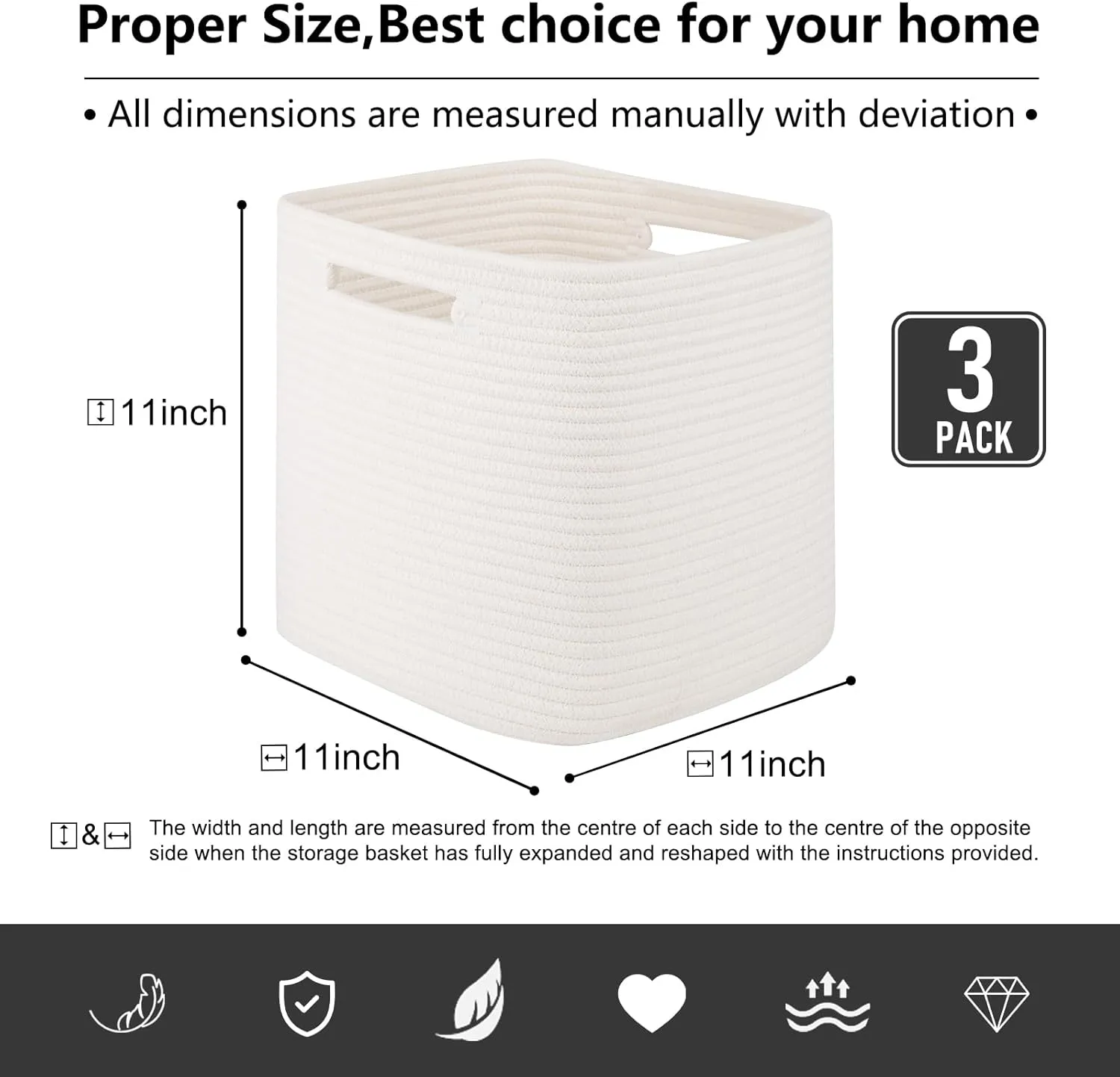 Storage Cube 3 Pack, Woven Rope Storage Baskets for Organizing, 11 * 11 Inches Shelf Basket|Cube Storage Bin|Square Baskets for Living Room, Baby Nursery Room-White