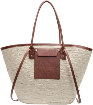 Straw Beach Tote Bag with Brown Leather Trim – Large Woven Shoulder Bag for Women. Perfect for Summer, Beach, or Daily Use.
