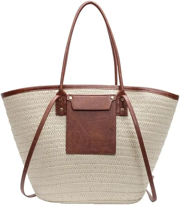 Straw Beach Tote Bag with Brown Leather Trim – Large Woven Shoulder Bag for Women. Perfect for Summer, Beach, or Daily Use.