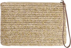 Straw Clutch Bag Bohemian Zipper Wristlet Summer Beach Handbag for Women Girls