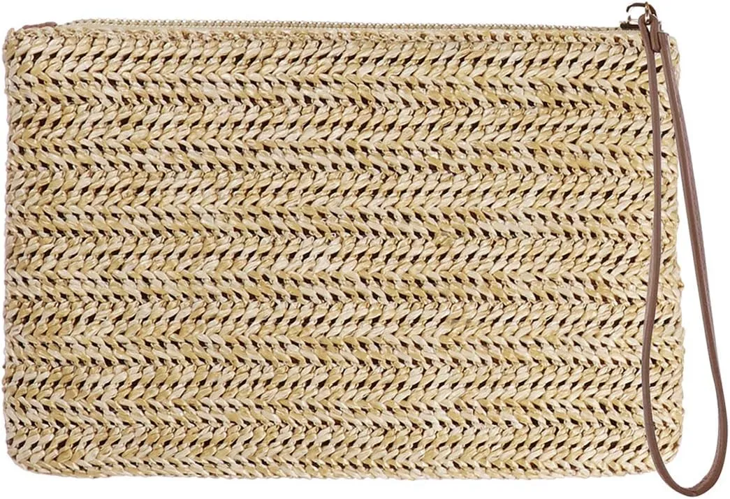 Straw Clutch Bag Bohemian Zipper Wristlet Summer Beach Handbag for Women Girls