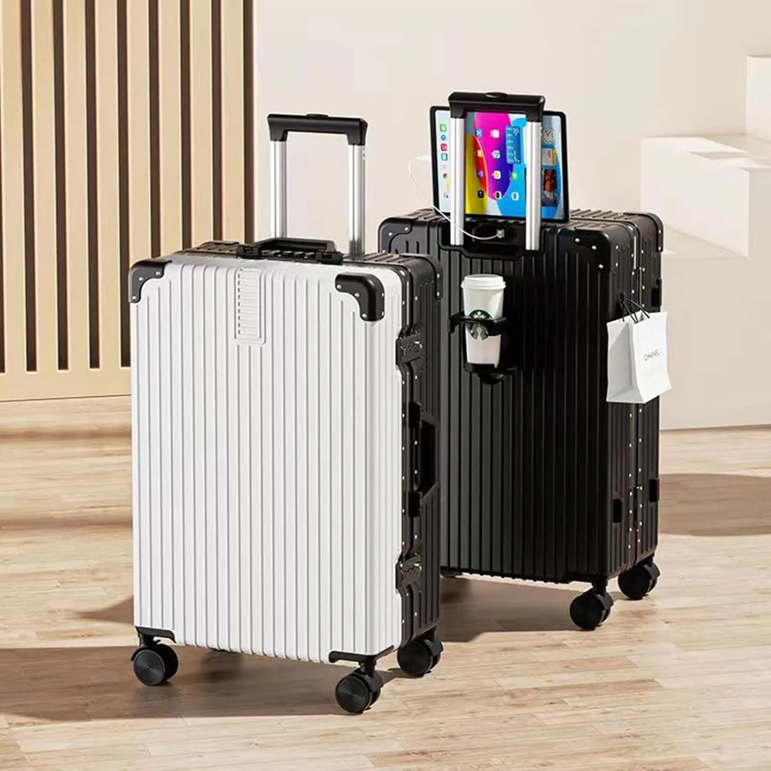 Stylish Textured Line Suitcase, High Volume Swivel Universal Wheel Trolley Case, Resistant To Drops And Pressure, Storage Box (Color : 20, Size : Black White)