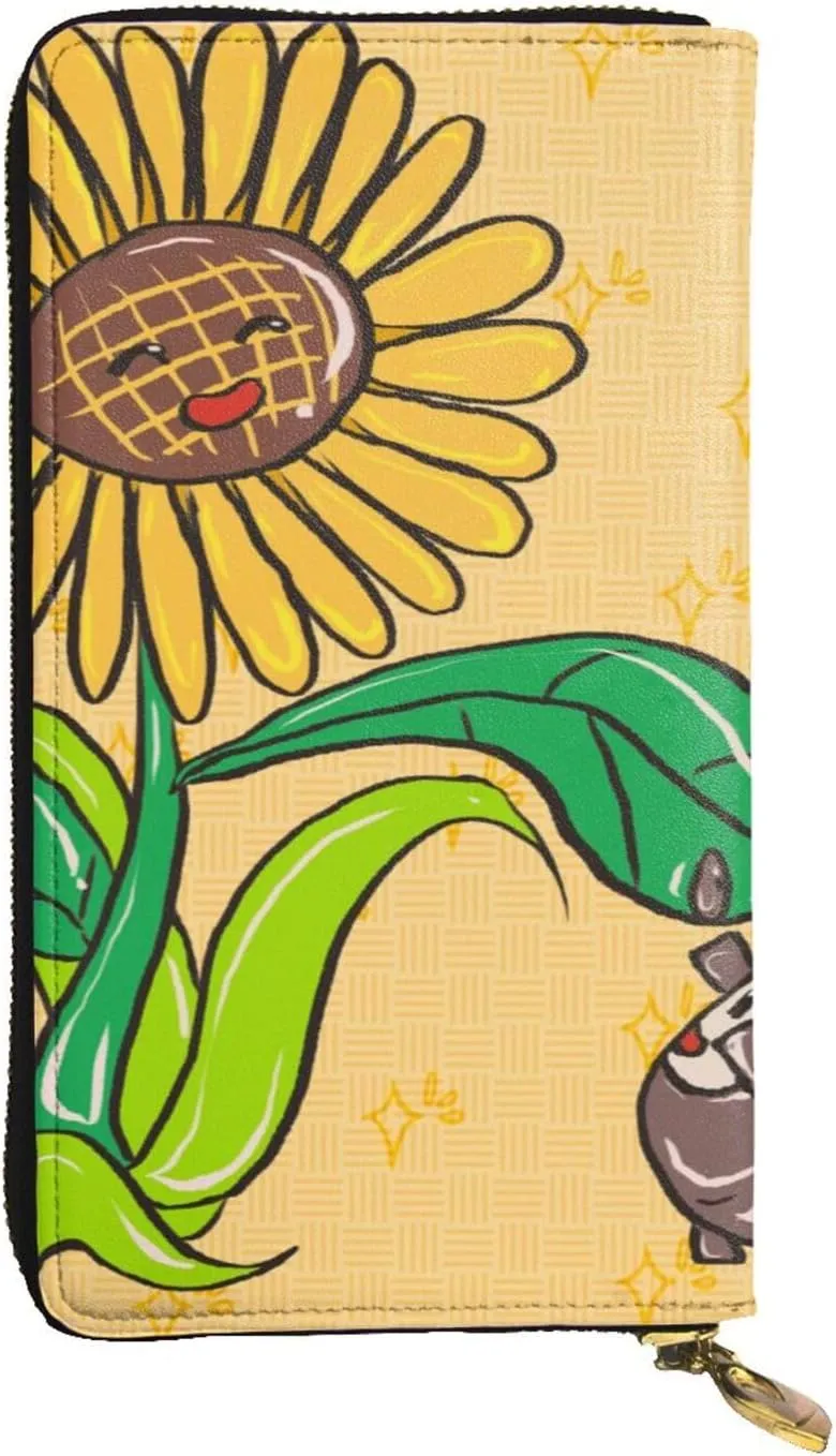 Sunflower seeds and sunflowers picture Leather long clutch wallet : Comfortable, lightweight, waterproof, durable 7.48 x 4.13 in