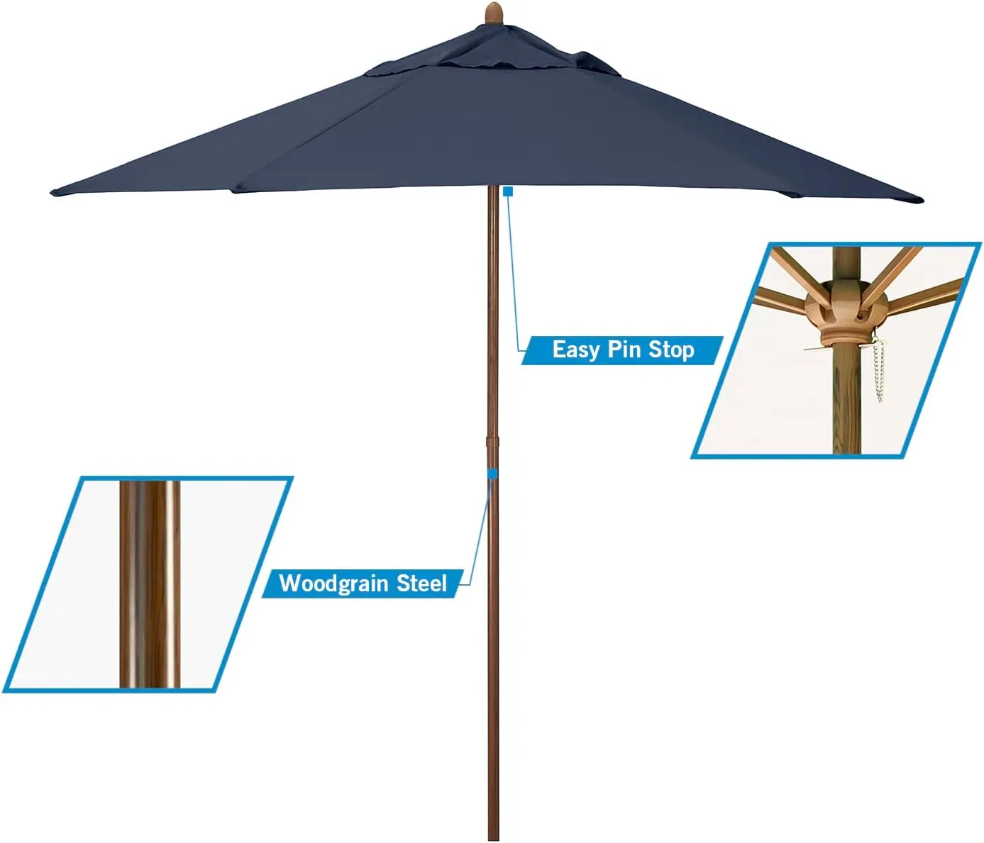 Sunline 9 ft Wood look Push Open Pin Stop Steel Ribs and Pole Market Patio Umbrella