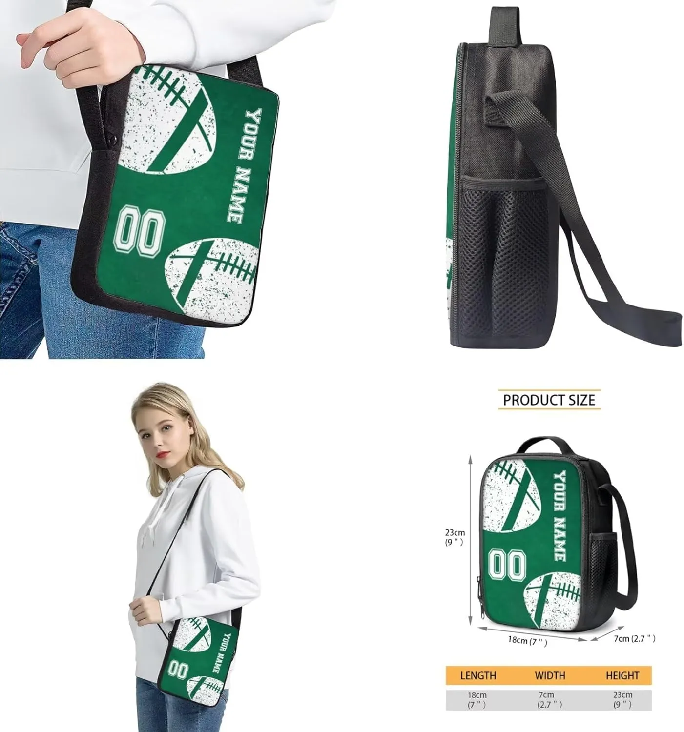 Suobstales American Football Print Backpack for Boys Girls Elementary Middle High Schoolbag Bookbag with Lunch Box Pencil Case Messenger Bag 4 In 1 Rucksack for Kids Back to School Supplies, Green