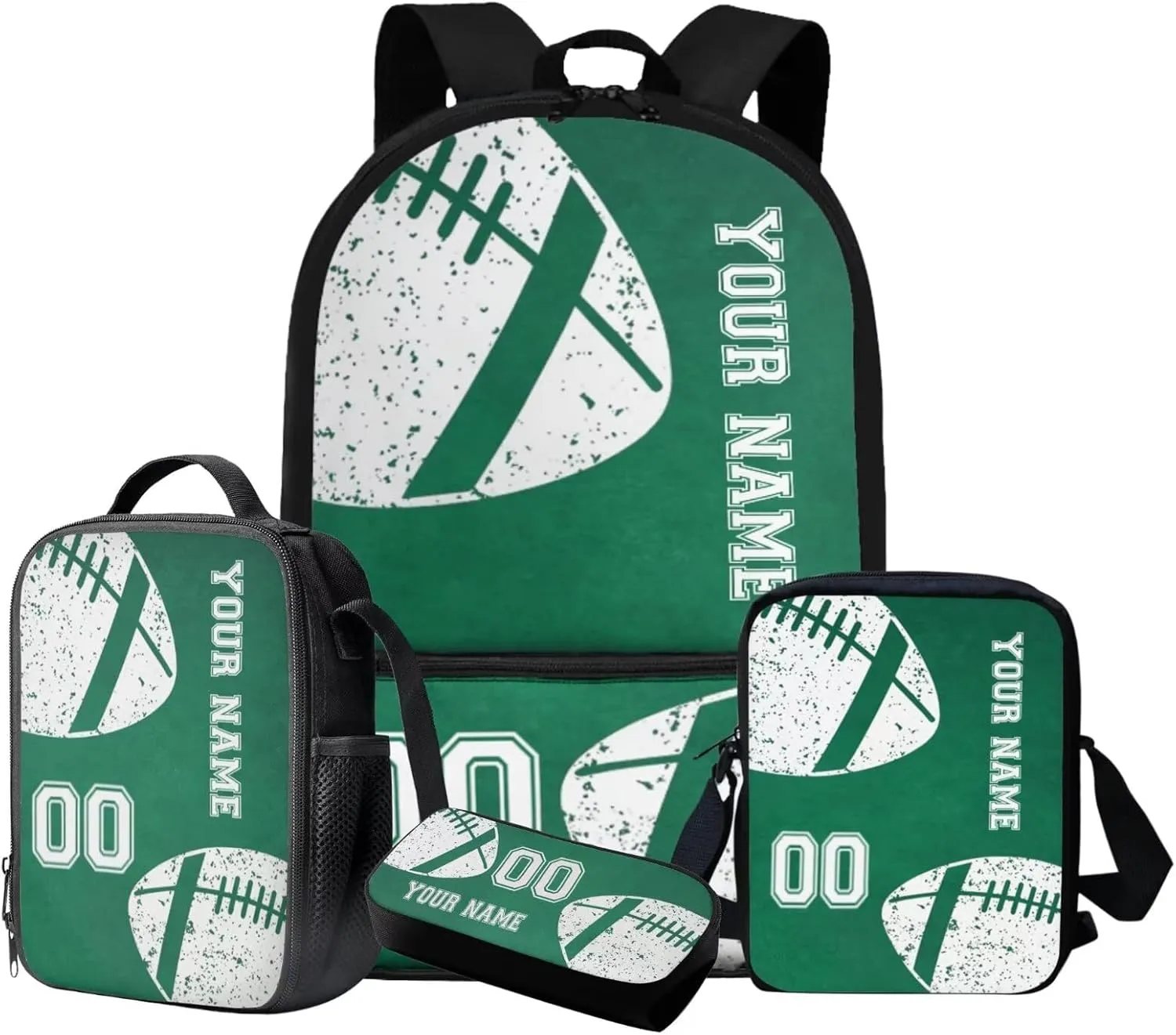 Suobstales American Football Print Backpack for Boys Girls Elementary Middle High Schoolbag Bookbag with Lunch Box Pencil Case Messenger Bag 4 In 1 Rucksack for Kids Back to School Supplies, Green