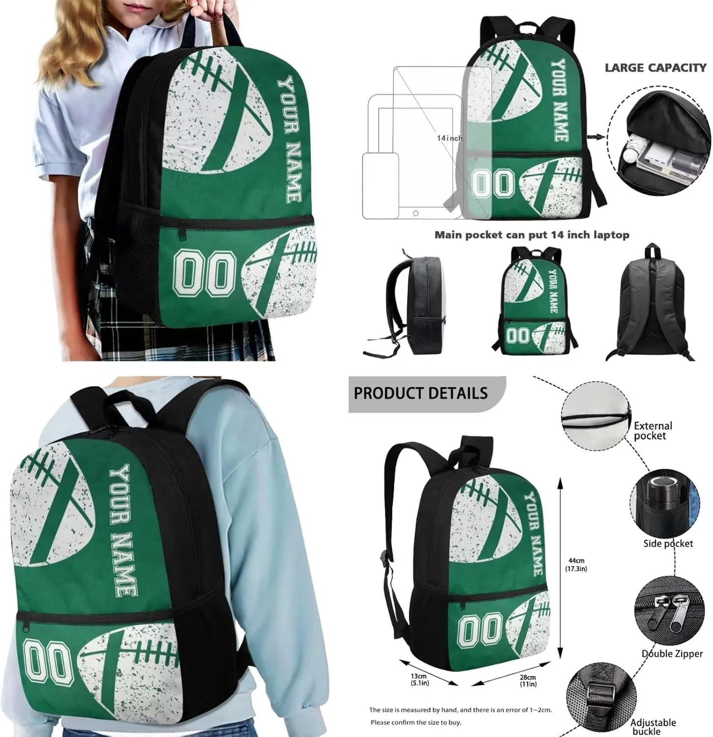 Suobstales American Football Print Backpack for Boys Girls Elementary Middle High Schoolbag Bookbag with Lunch Box Pencil Case Messenger Bag 4 In 1 Rucksack for Kids Back to School Supplies, Green
