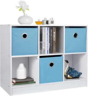 SUPER DEAL 6 Cube Storage Organizer 2 Tier Bookshelf with 3 Bins 3 x 2 Wood Open Shelf Cubby Bookshelves System Wide Toy Cabinet for Bedroom Living Room Kids, White/Light Blue 31.5 in Wide